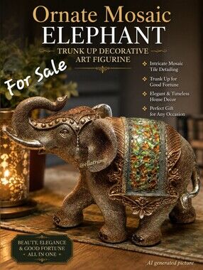 Ornate Mosaic Tiled Elephant Trunk Up Decorative Art Figurine Statue Home Decor